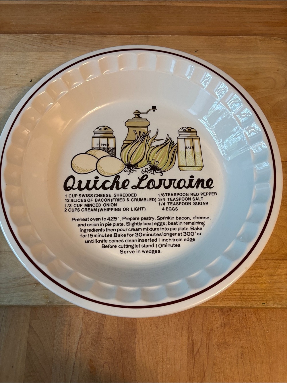 Vintage Quiche Lorraine Ceramic Serving Plate - White with Brown Accent